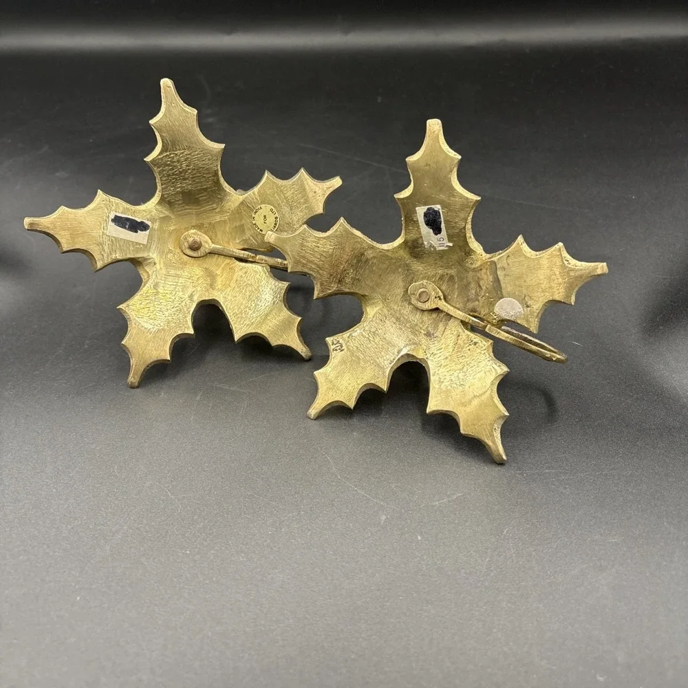 VTG  Brass Chambersticks Candle Holders  Leaf Fall Decor W/Finger Loop 8